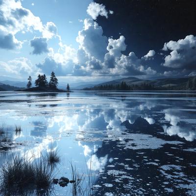 The primary subject of the image is a serene lake surrounded by trees and mountains. The setting is a beautiful natural landscape with a calm atmosphere. The visual style is a combination of photo and digital art, creating a realistic yet artistic representation of the scene. The colors and mood are predominantly blue and green, reflecting the tranquility of the lake and the surrounding environment.